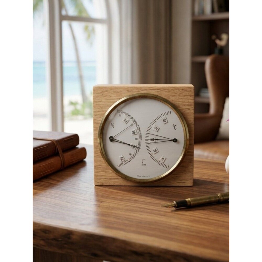 Lufft Vintage Wooden Brass Accent Hygrometer and Thermometer